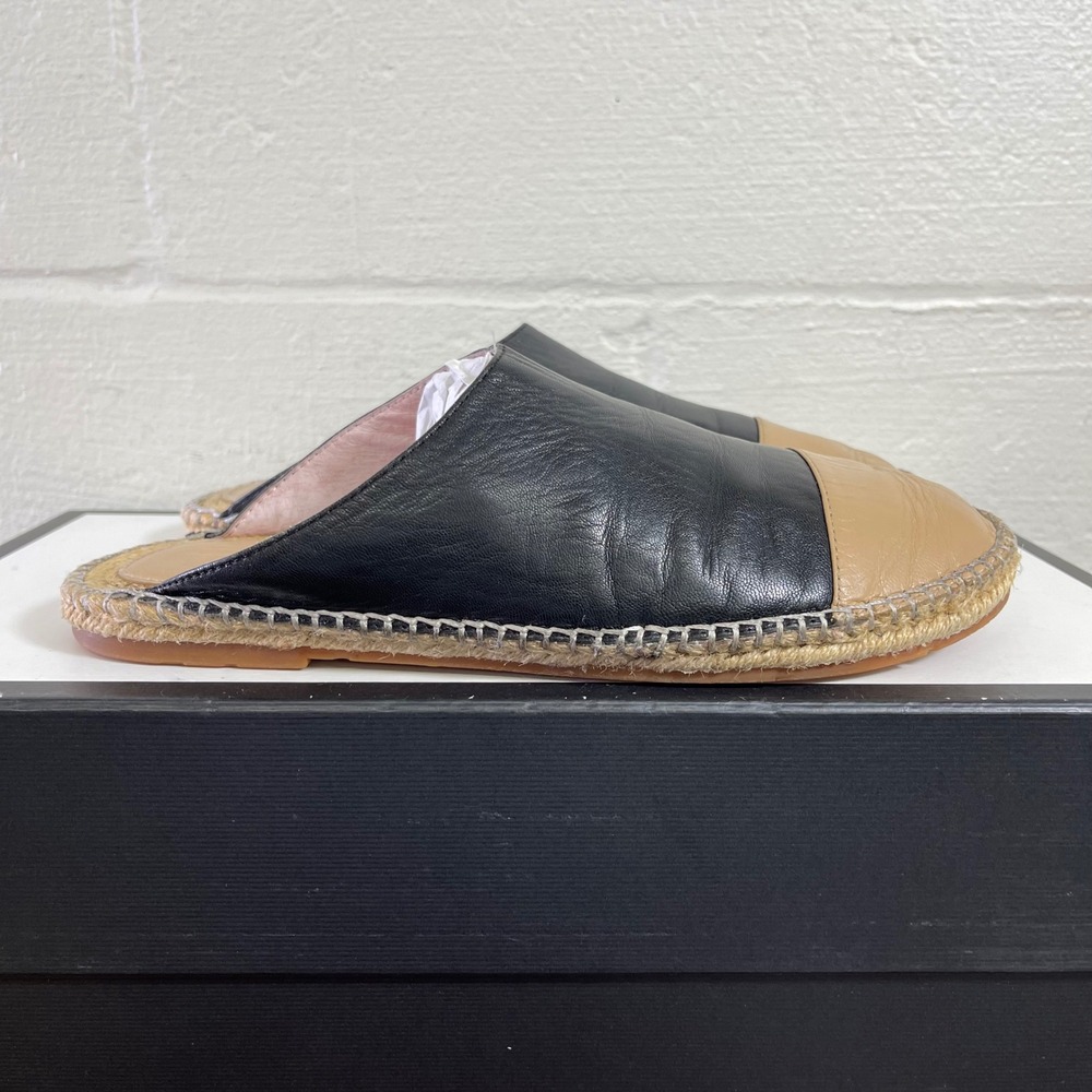 Charlotte Stone Elise Black Leather Espadrille Slides Mules Slip On Womens 7 US